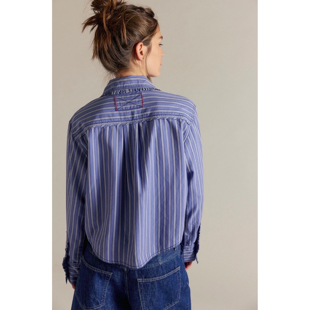 Free People We The Free Moxley Striped Shirt Blue White Frill Collar XL - Picture 2 of 8